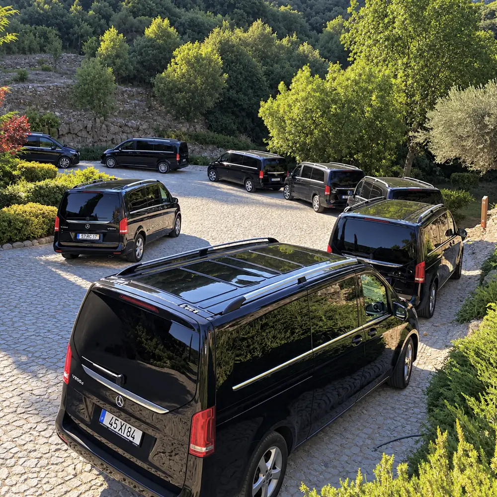 Schwarze Mercedes-Vans, versetzt aufgereiht auf einem gepflasterten Innenhof