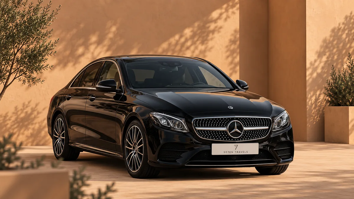 Schwarze Mercedes E-Klasse, geparkt in einem sonnigen Innenhof vor einer warmen ockerfarbenen Wand